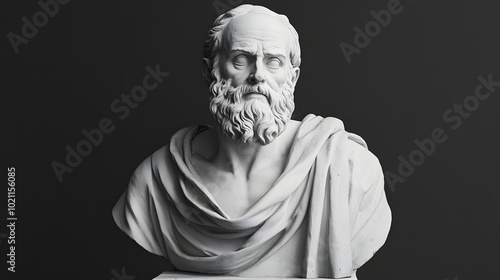 Greek sculpture of an old stoic man, roman god statue, black and white