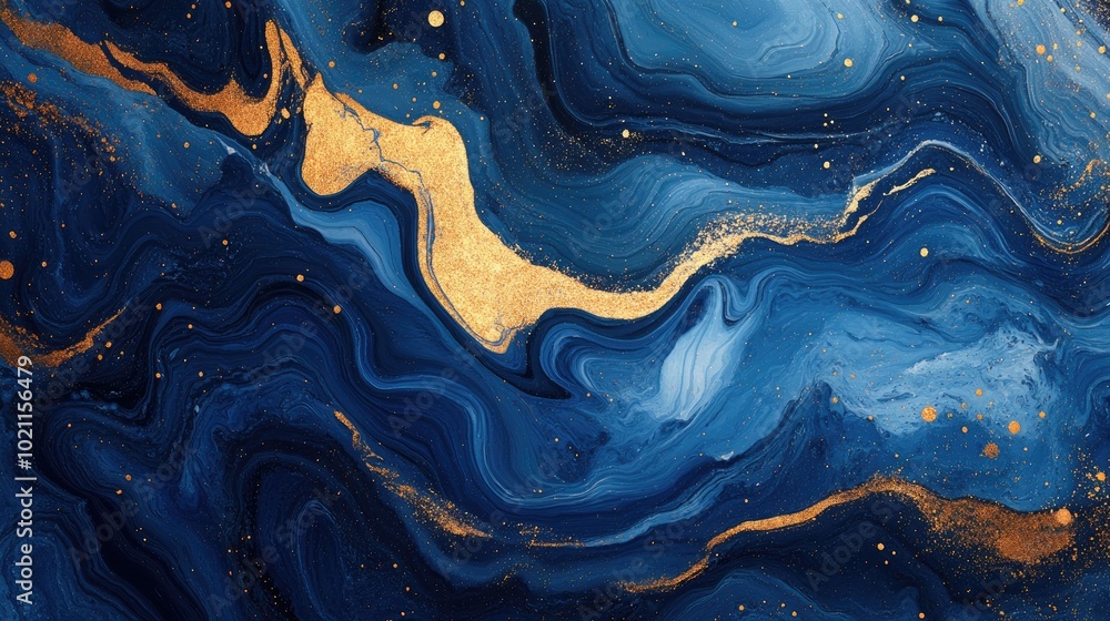 Fototapeta premium A stunning abstract artwork featuring deep blue and gold swirls, creating a mesmerizing oceanic effect.