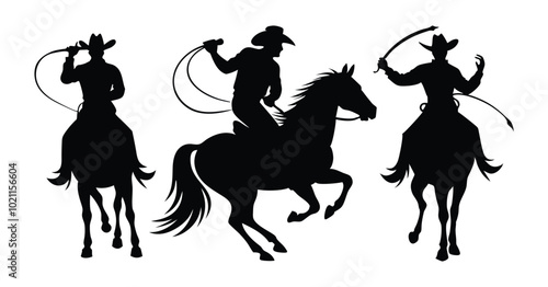Silhouette of Cowboys in Action Riding, Shooting, and Whipping on Horseback