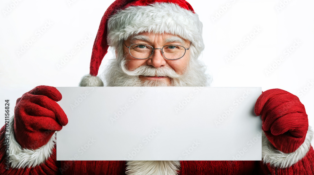 Happy Santa Claus with a blank sign, ready for your message. Ideal for ads, promotions, or festive greetings.