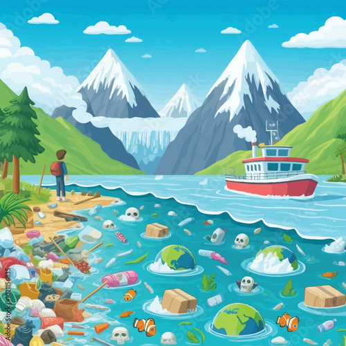 scene showing the effects of global warming, with rising river levels due to melting glaciers illustration