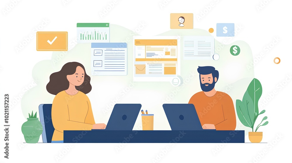 Two professionals collaborate at a desk, utilizing laptops and engaging with digital content, surrounded by productivity elements and greenery. Two professionals collaborate at a desk, utilizing laptops and engaging with digital content, surrounded by productivity elements and greenery.