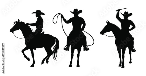 Silhouette of Cowboys in Action Riding, Shooting, and Whipping on Horseback