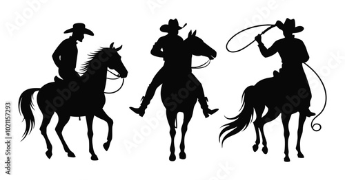 Silhouette of Cowboys in Action Riding, Shooting, and Whipping on Horseback