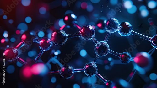 A close-up of vibrant molecular structures illuminated in blue and red, creating a futuristic scientific ambiance.