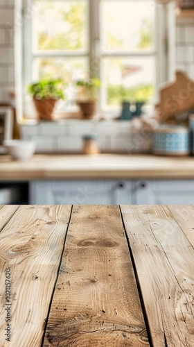 Rustic wooden tabletop in foreground, blurred cozy kitchen background with sunlit windows, potted plant, and homey decor creating warm, inviting atmosphere.