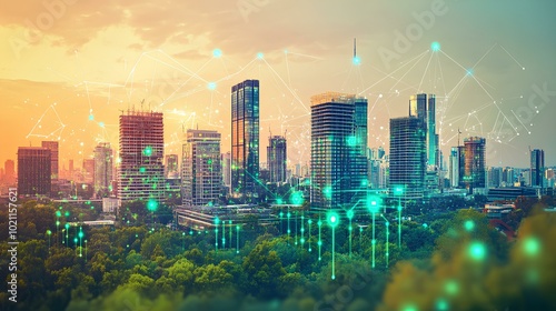 Wallpaper Mural A vibrant urban skyline at sunset, showcasing modern skyscrapers intertwined with digital elements and greenery. Torontodigital.ca