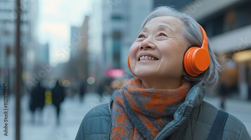 Joyful elderly Asian woman with gray hair wearing orange headphones, smiling while enjoying music in a bustling urban environment.