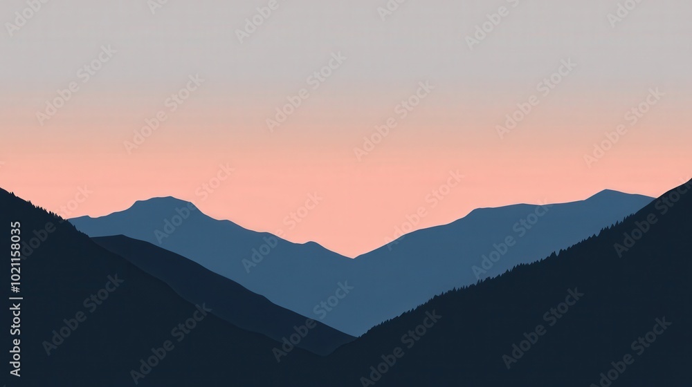 Silhouetted mountain range at dusk under a soft pink sky. Silhouetted mountain range at dusk under a soft pink sky.