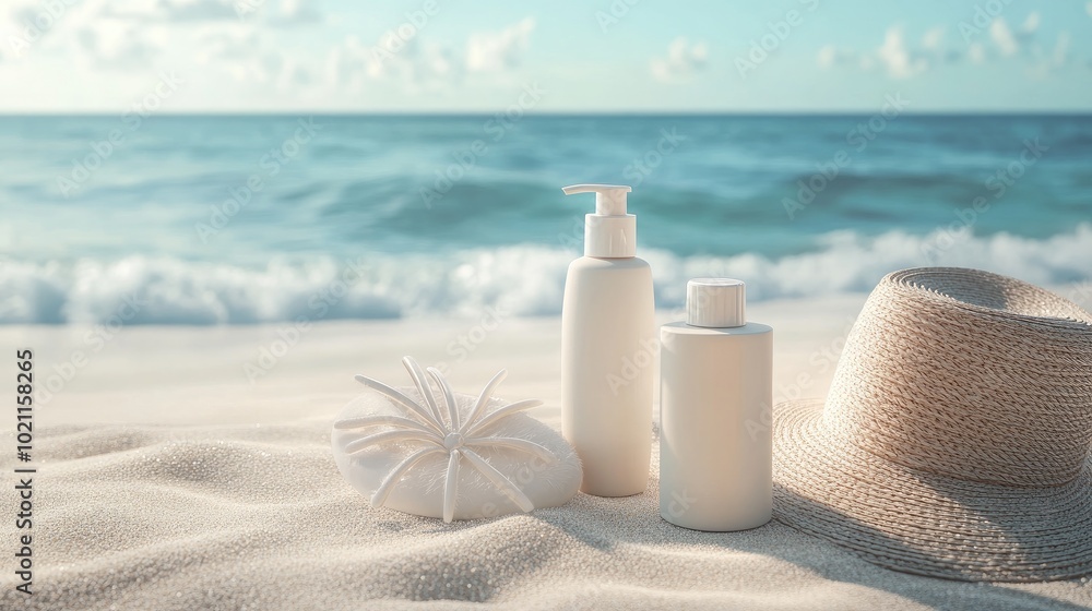 Two elegant, white bottles and a straw hat on the sandy beach, with gentle waves in the background. Two elegant, white bottles and a straw hat on the sandy beach, with gentle waves in the background.