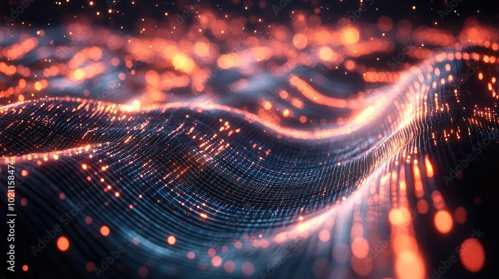 A mesmerizing abstract digital landscape of glowing waves in orange and blue tones, creating a sense of movement and depth. A mesmerizing abstract digital landscape of glowing waves in orange and blue tones, creating a sense of movement and depth.