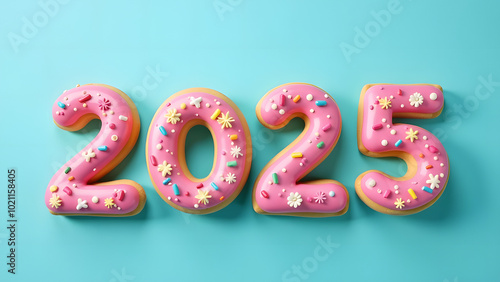Numbers 2025 made of donuts on a blue background