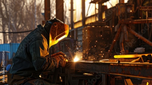 Industrial Worker Welding Metal in a Factory