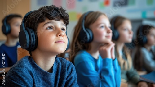 auditory shown by a classroom where students are wearing headsets during a language-learning session, concentrating on listening exercises photo