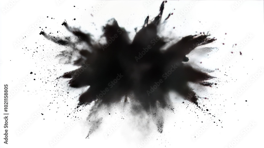 An abstract explosion of black powder creating a dramatic contrast against a white background. An abstract explosion of black powder creating a dramatic contrast against a white background.