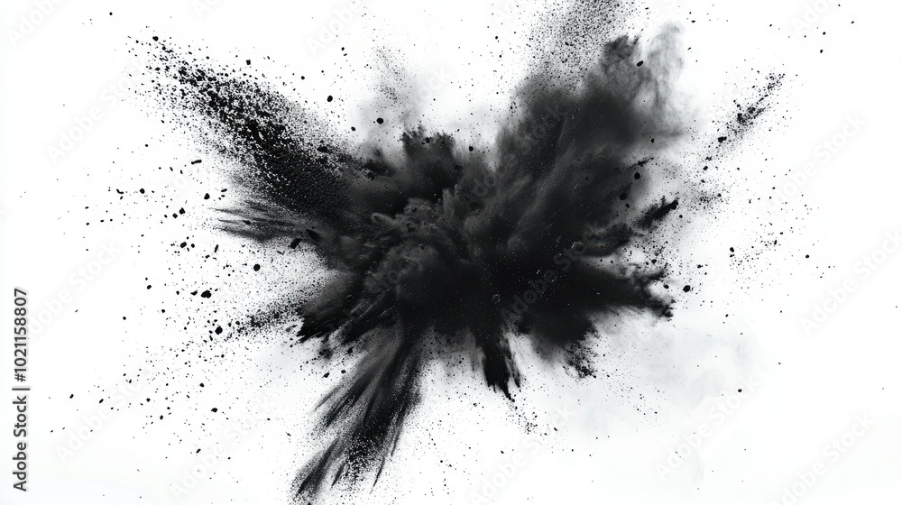 Dynamic black powder explosion against a stark white background, creating an intense contrast. Dynamic black powder explosion against a stark white background, creating an intense contrast.