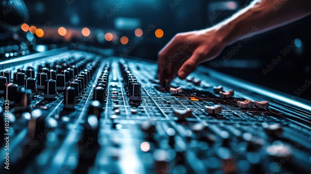 auditory illustrated through a close-up of a sound engineer adjusting levels on a mixing board in a recording studio, focusing on perfecting the audio quality auditory illustrated through a close-up of a sound engineer adjusting levels on a mixing board in a recording studio, focusing on perfecting the audio quality