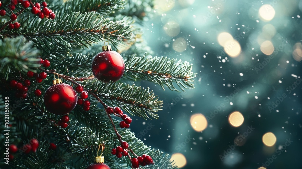 Christmas tree branch with red ornaments and snow Christmas tree branch with red ornaments and snow