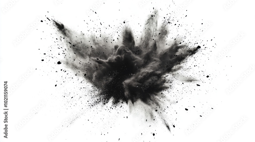 An abstract explosion of black powder against a stark white background, creating a dynamic and powerful visual impact. An abstract explosion of black powder against a stark white background, creating a dynamic and powerful visual impact.