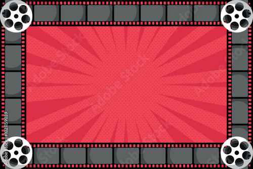 Red pop art cinema background decorated with film strip and film reel. Vector illustration