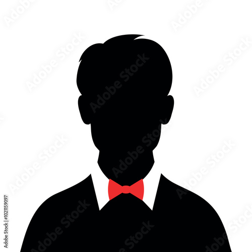 Abstract man silhouette in red bow tie. Dark male silhouette avatar emblem. Vector illustration