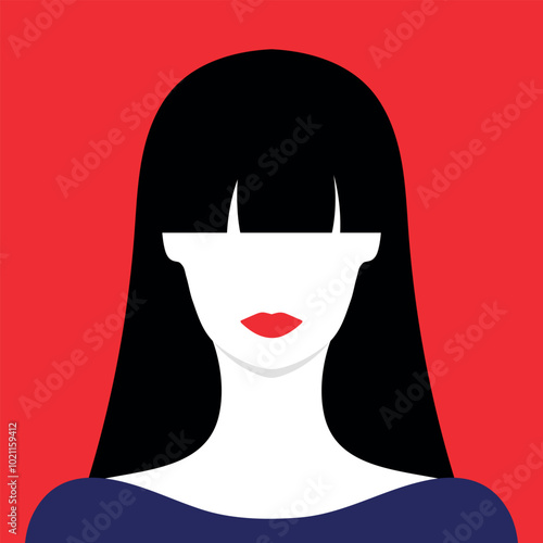 Abstract faceless portrait of a woman with red lips and bangs hair. Vector illustration