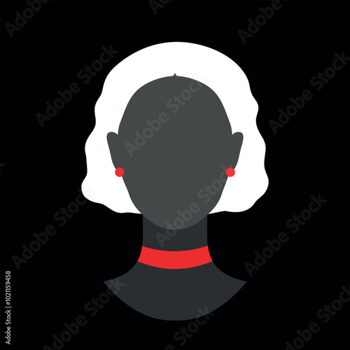 Abstract faceless silhouette of a woman with bob haircut in red choker and earrings. Dark female silhouette avatar emblem. Vector illustration