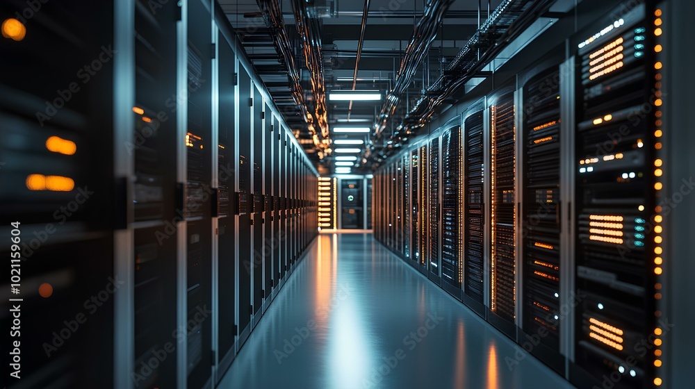 A futuristic data center hallway lined with servers, featuring illuminated panels and sleek designs, conveying a sense of advanced technology and connectivity. A futuristic data center hallway lined with servers, featuring illuminated panels and sleek designs, conveying a sense of advanced technology and connectivity.
