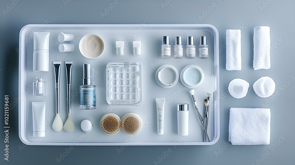 A neat arrangement of various skincare and beauty products on a tray, showcasing a clean and organized beauty routine. A neat arrangement of various skincare and beauty products on a tray, showcasing a clean and organized beauty routine.