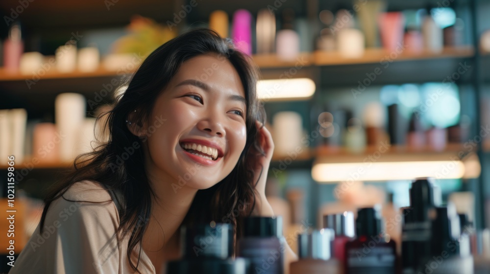 Smiling Woman Looking Away While Shopping for Beauty Products Smiling Woman Looking Away While Shopping for Beauty Products