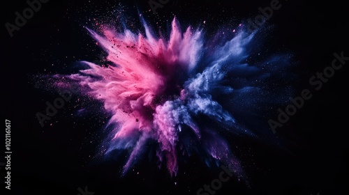 Vibrant explosion of pink and blue powder with a dark backdrop, creating a dynamic and energetic atmosphere.