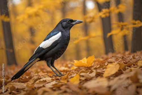 Magpie Among Golden Autumn Leaves