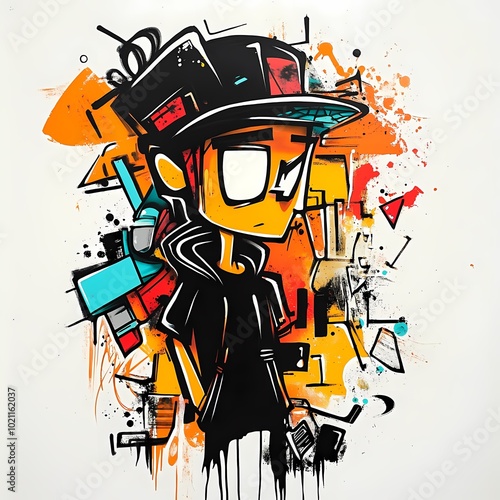 A vibrant graffiti-style illustration of a character in a cap, surrounded by abstract shapes.