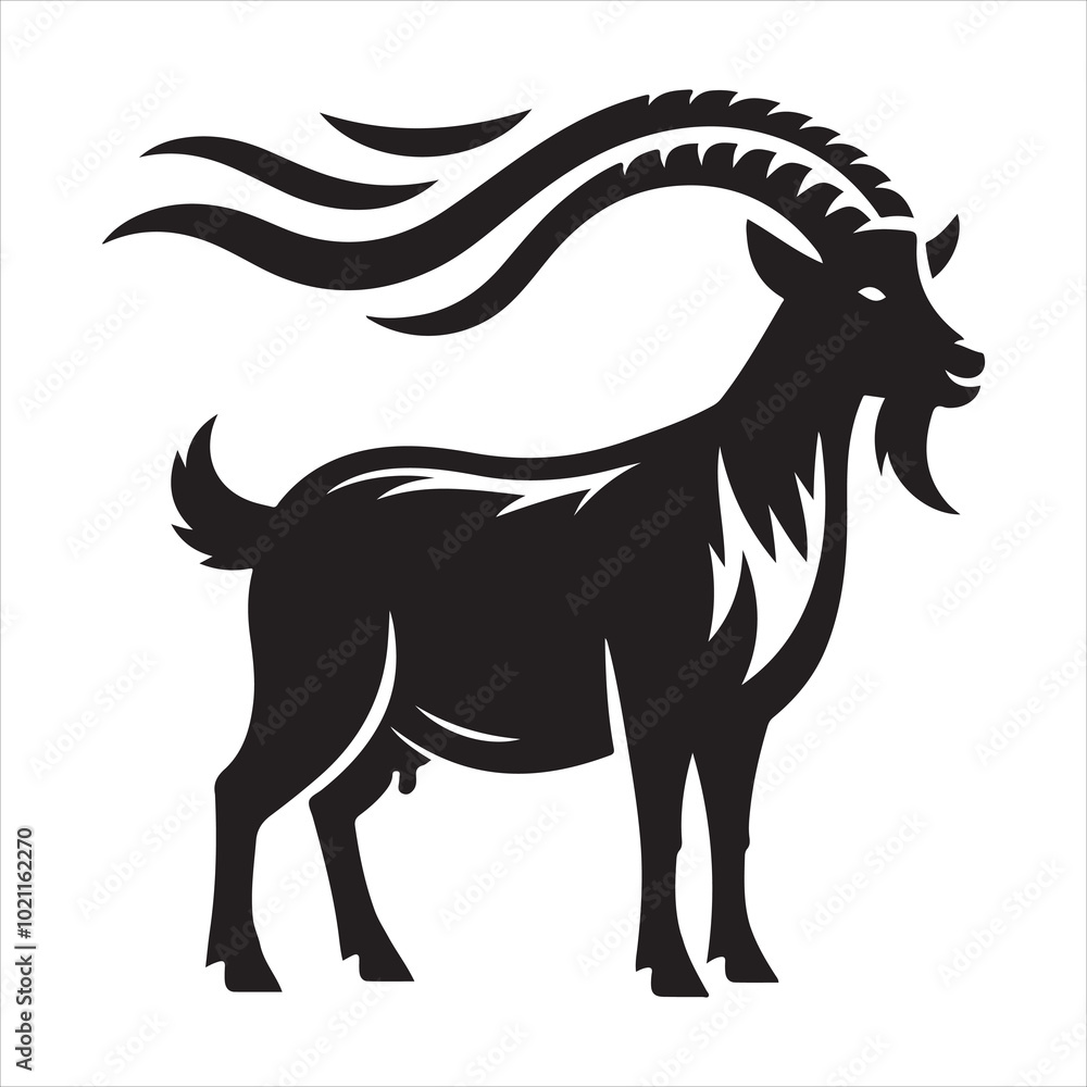An illustration in black and white of a horned goat An illustration in black and white of a horned goat