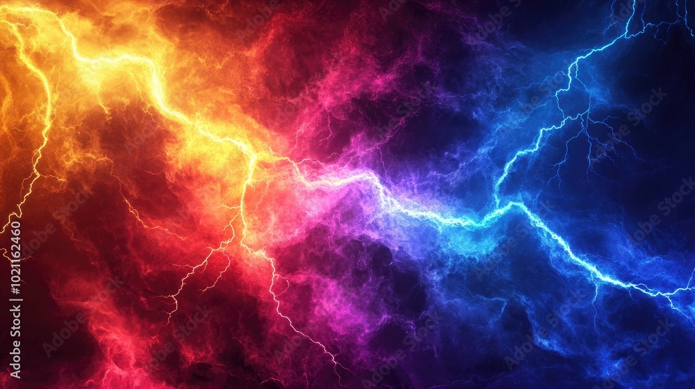 A vibrant display of electric colors showcasing a dynamic lightning storm in hues of blue, orange, and purple. A vibrant display of electric colors showcasing a dynamic lightning storm in hues of blue, orange, and purple.