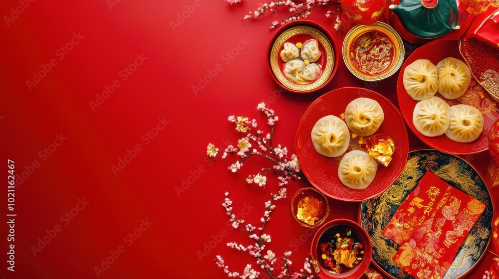 Dumplings (Jiaozi) for Chinese New Year, top view, festive plate Dumplings (Jiaozi) for Chinese New Year, top view, festive plate
