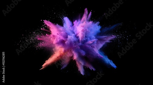 Colorful explosion of powder in vibrant shades of purple and pink against a black backdrop.