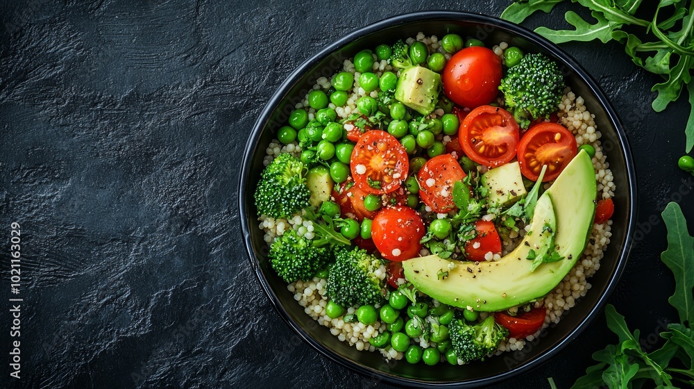 A bowl of quinoa with broccoli, peas, cherry tomatoes, and avocado. A bowl of quinoa with broccoli, peas, cherry tomatoes, and avocado.