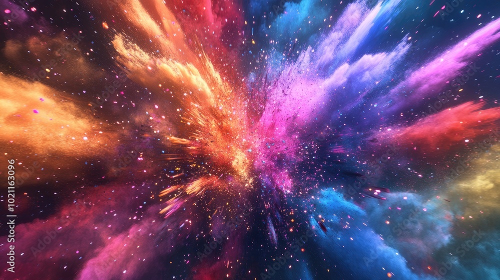 An explosion of vibrant colors in a cosmic, abstract design, featuring hues of orange, pink, purple, and blue. An explosion of vibrant colors in a cosmic, abstract design, featuring hues of orange, pink, purple, and blue.
