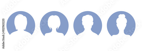 Abstract male and female avatars, people icons. Men and women white silhouettes set in round frames. Vector illustration
