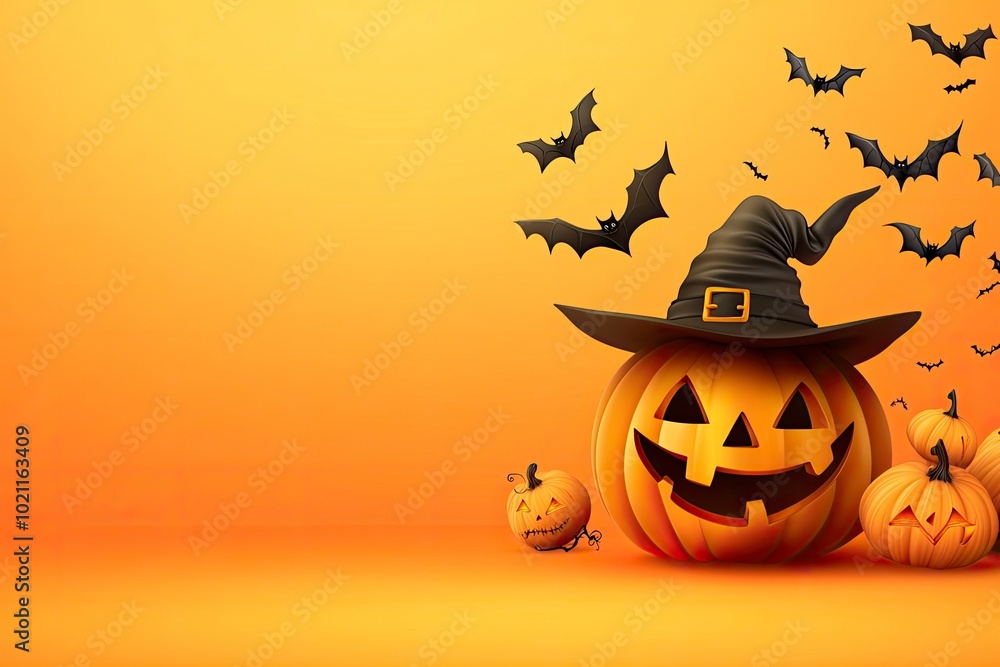 Pumpkin with a monster in a hat, bats, 3D. Orange banner for Happy Halloween celebration concepts. Vector illustration. with generative ai Pumpkin with a monster in a hat, bats, 3D. Orange banner for Happy Halloween celebration concepts. Vector illustration. with generative ai