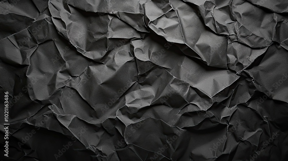 Close-up of crumpled black paper texture, showcasing intricate folds and shadows. Close-up of crumpled black paper texture, showcasing intricate folds and shadows.