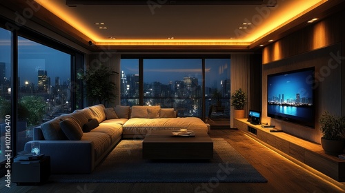 Wallpaper Mural Cozy modern living room with city view at dusk. Torontodigital.ca