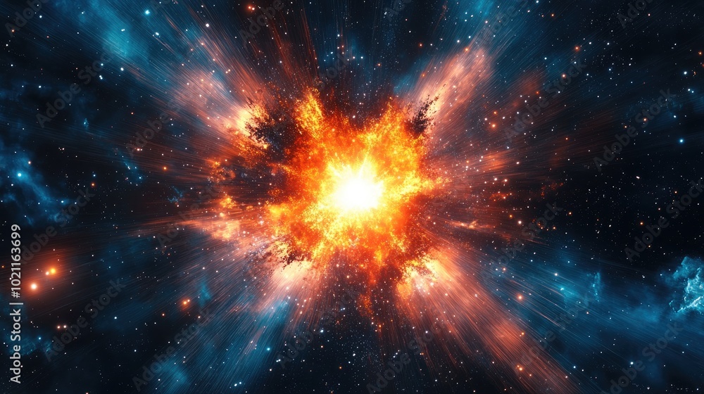 A vivid explosion of cosmic energy in vibrant colors, capturing the essence of a supernova in outer space. A vivid explosion of cosmic energy in vibrant colors, capturing the essence of a supernova in outer space.