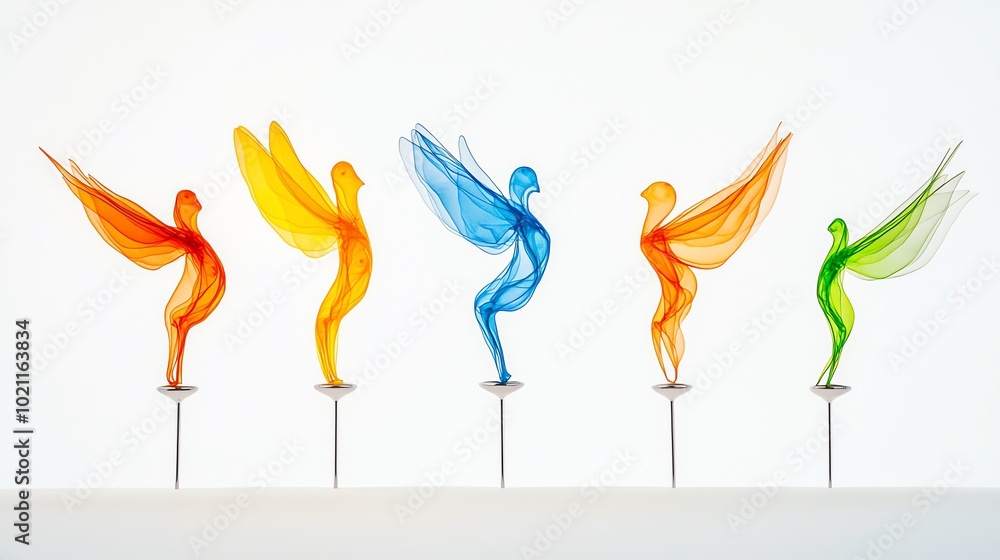 Obraz premium Colorful abstract sculptures of birds with wings spread.