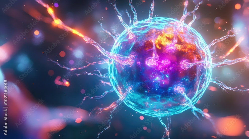 A vibrant, glowing depiction of a cellular structure, showcasing intricate details and electric energy in vibrant colors. A vibrant, glowing depiction of a cellular structure, showcasing intricate details and electric energy in vibrant colors.
