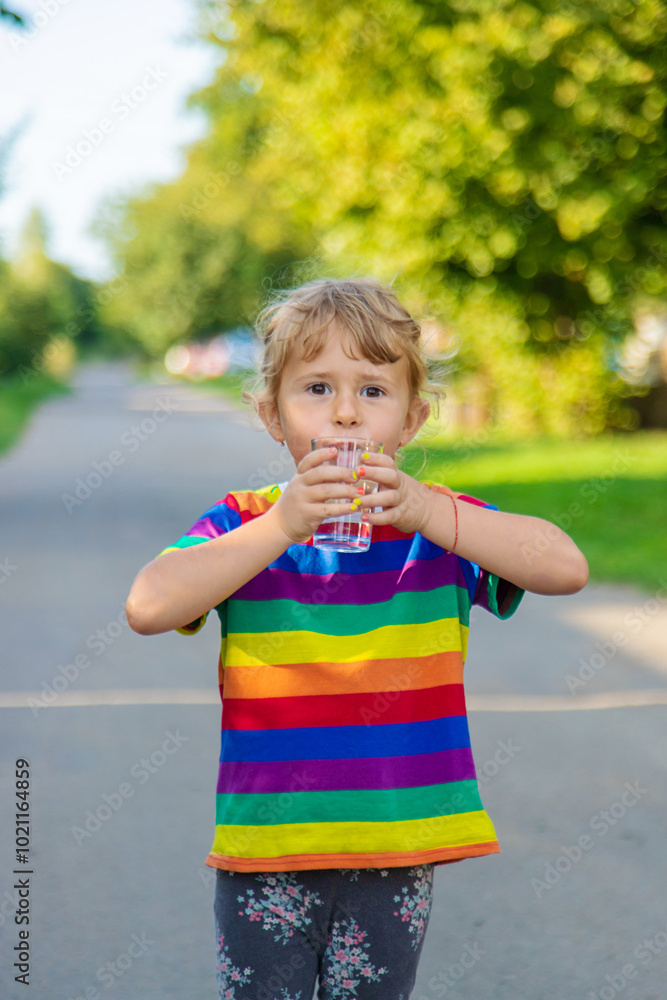 A child drinks water from a glass. Selective focus. A child drinks water from a glass. Selective focus.