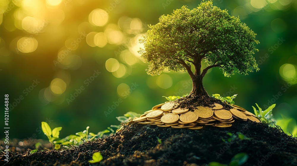A Tree Growing From a Pile of Golden Coins in a Lush Green Forest A Tree Growing From a Pile of Golden Coins in a Lush Green Forest