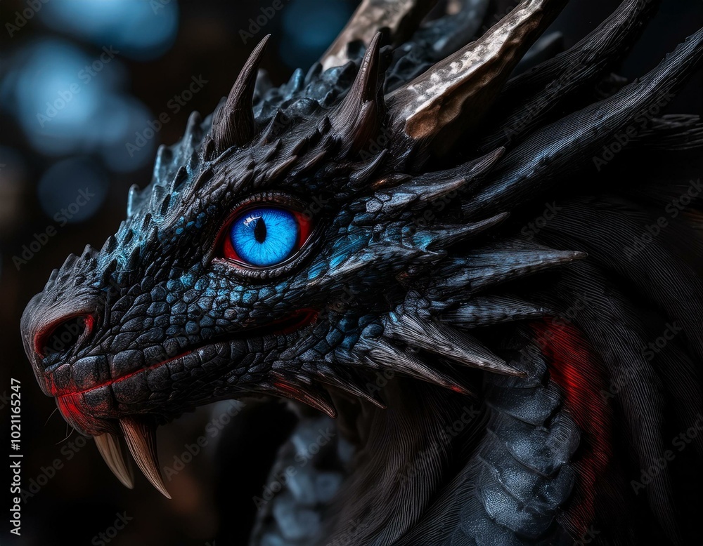 A close up of a black dragon with one light gray blue eye, black and red dragon, only eye is blue, macro, black A close up of a black dragon with one light gray blue eye, black and red dragon, only eye is blue, macro, black