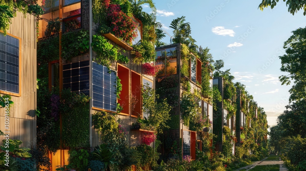 Modern sustainable architecture featuring vibrant greenery and solar panels on a sunny day. Modern sustainable architecture featuring vibrant greenery and solar panels on a sunny day.